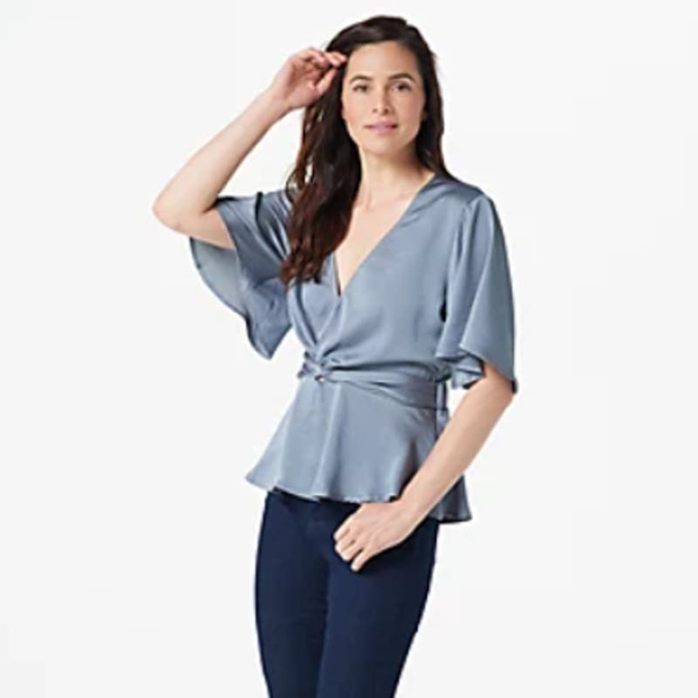 bishop + young Dusty Blue Satin Wrap Peplum Blouse
